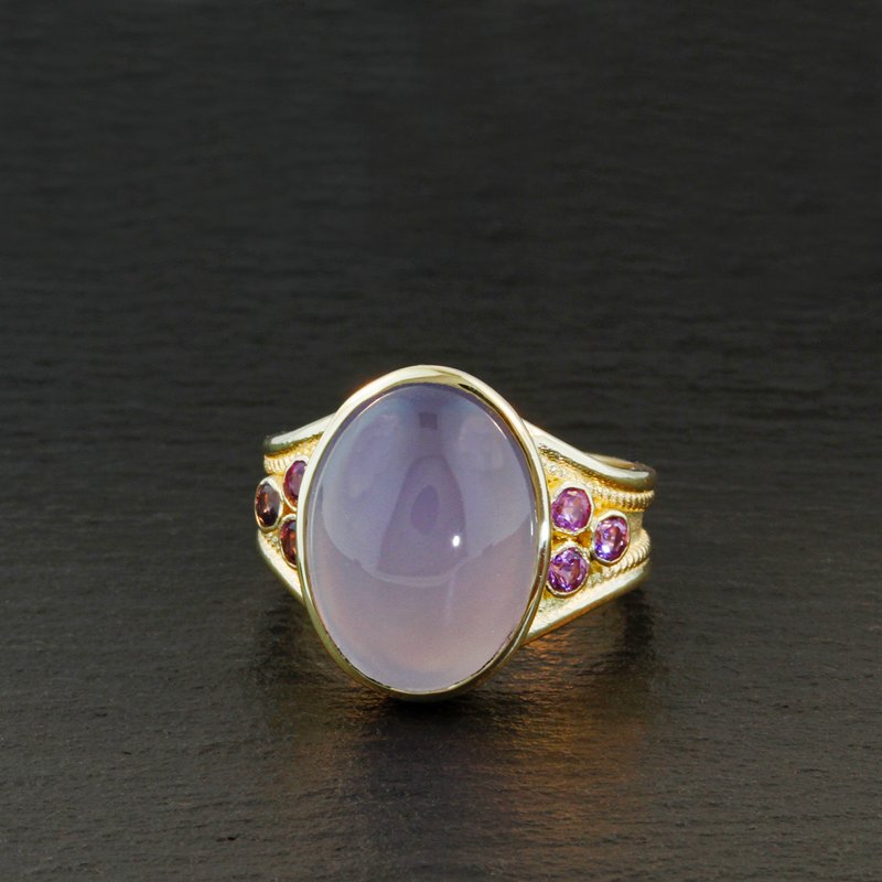 Blue Chalcedony Cabochon Etruscan Ring with lavendar sapphires