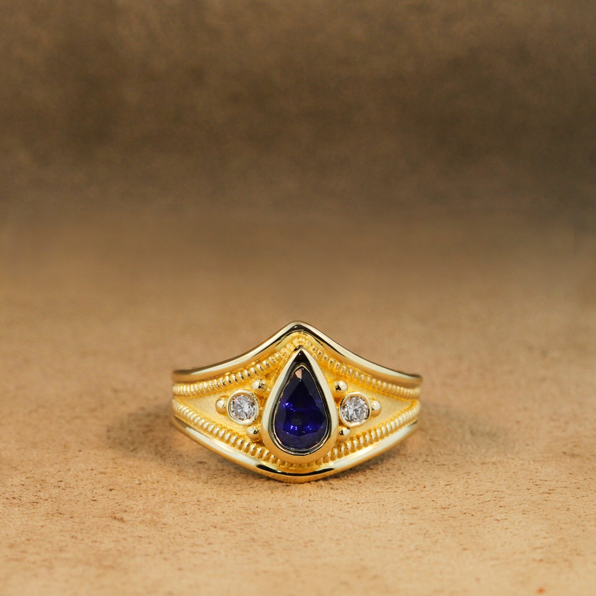  Etruscan 14K Gold Sapphire and Diamond Ring