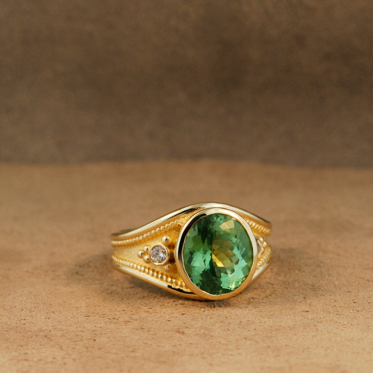 Etruscan Ring With Seafoam Green Tourmaline and Diamonds