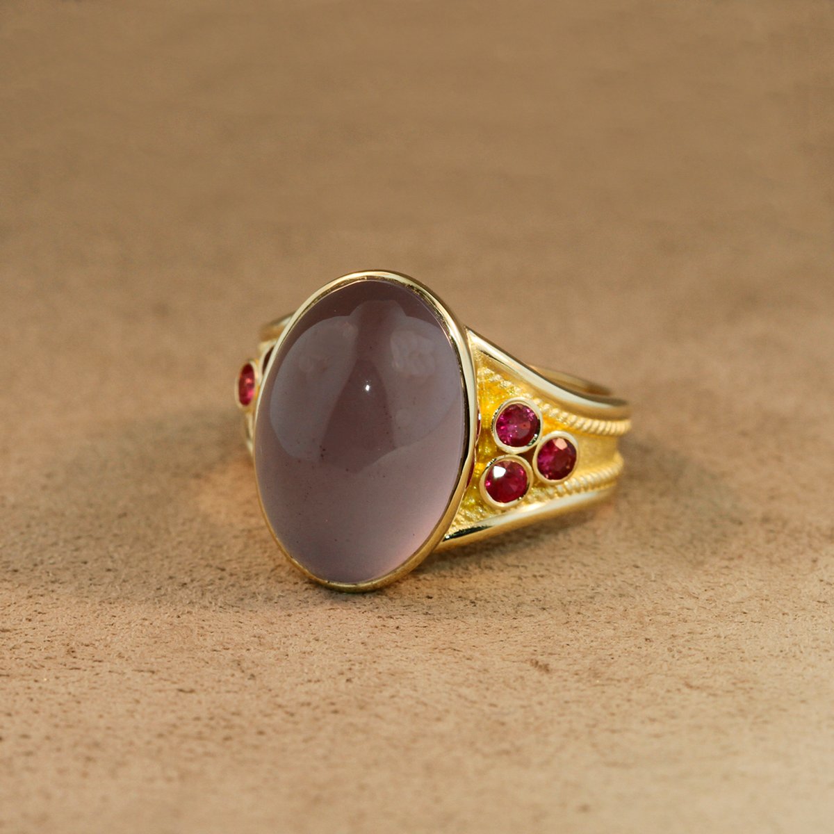 Holly Agate Etruscan Ring with Pink Sapphires 14k
