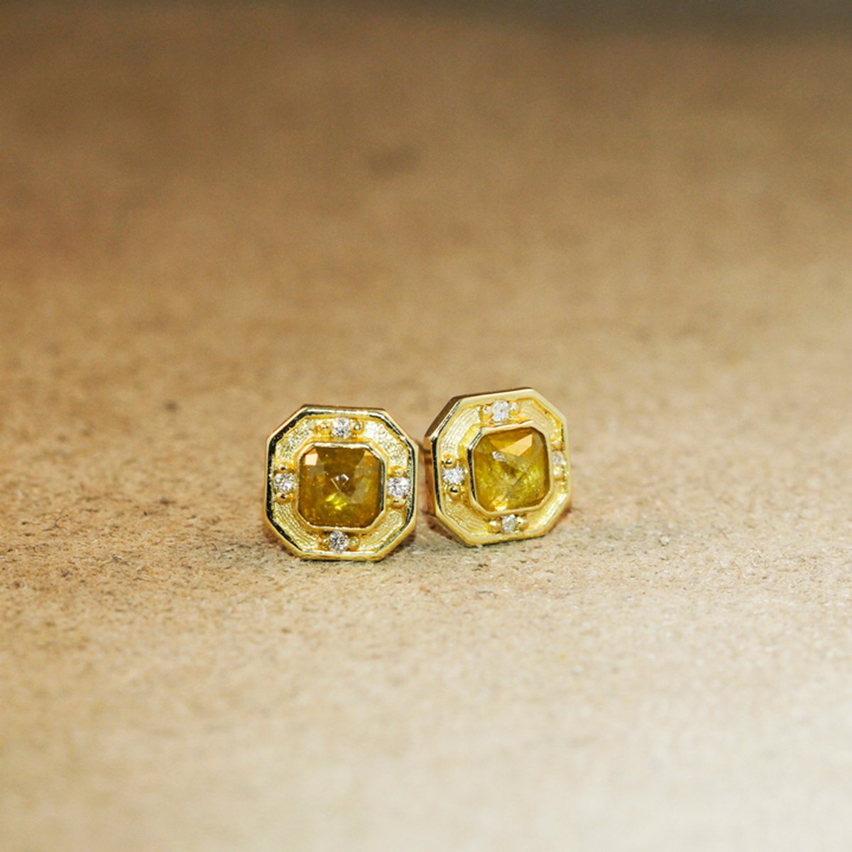 14K Gold and Honey Diamond Square Earrings