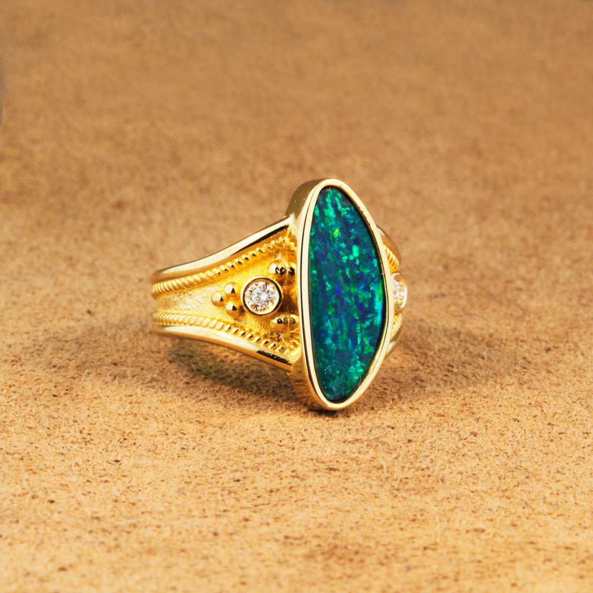 Etruscan 14K Gold Opal and Diamond Ring