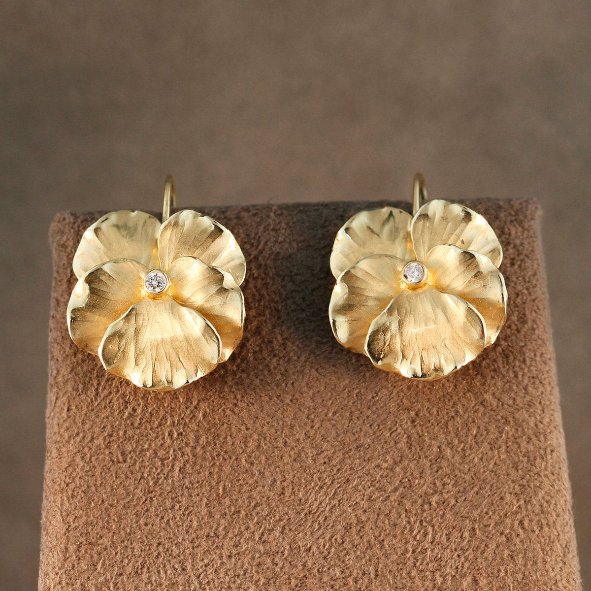 14K Gold and Diamond Pansy Earrings 