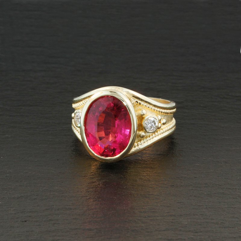 Pink Tourmaline and Diamond Etruscan Ring 