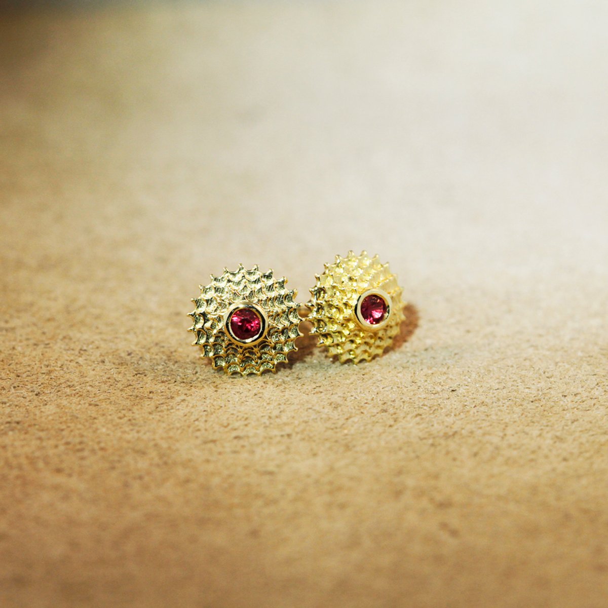 Bicycle Sprocket 14K Gold and  Ruby Earrings