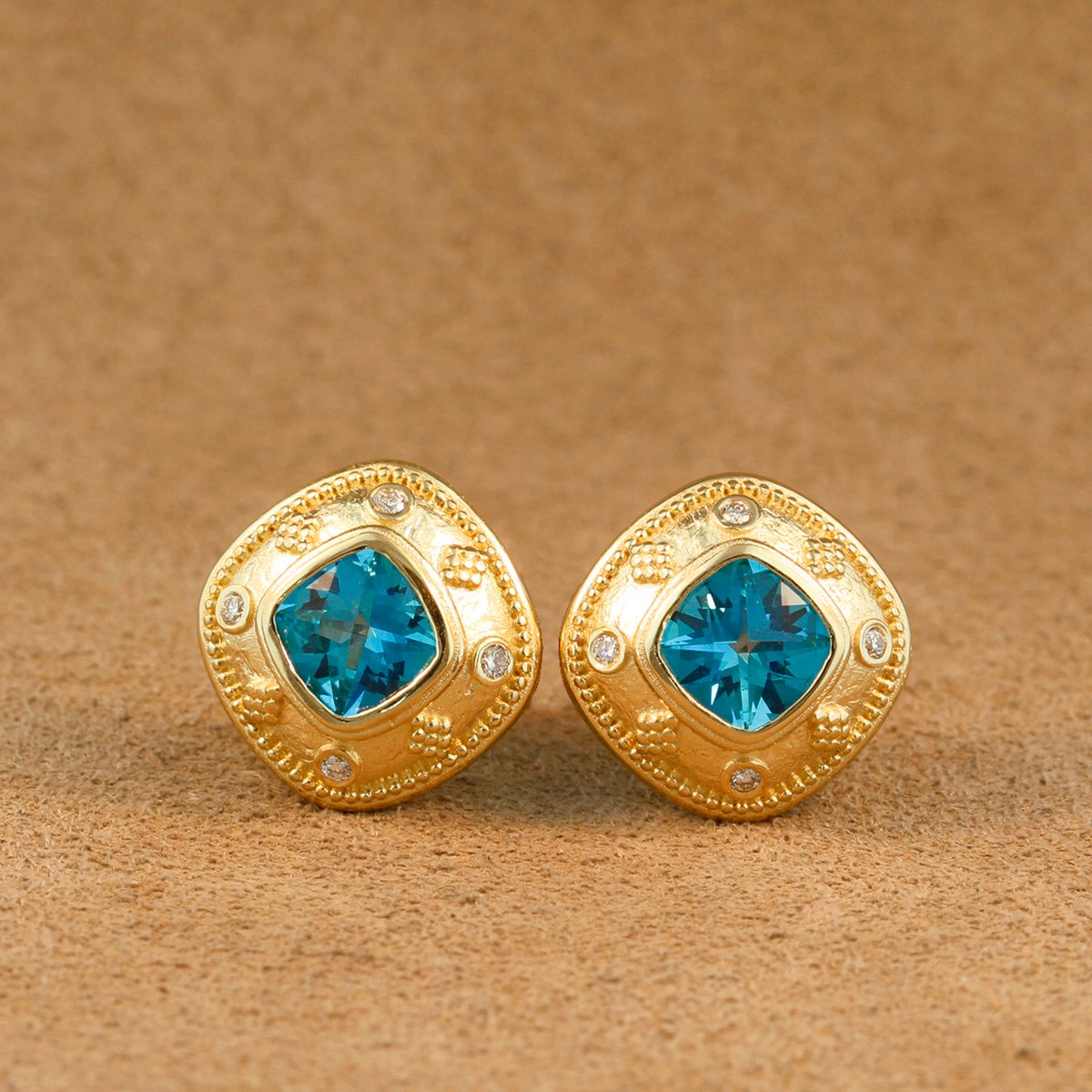 Venice Earrings with 14K Gold 6mm Paraiba Blue Topaz and Diamond