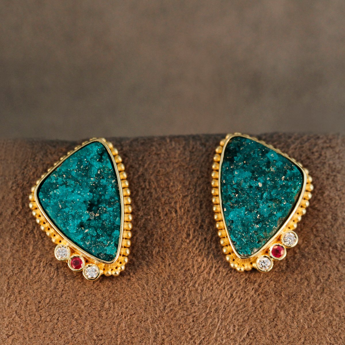 Dioptase Druzy Diamond and Ruby Earrings, 14k