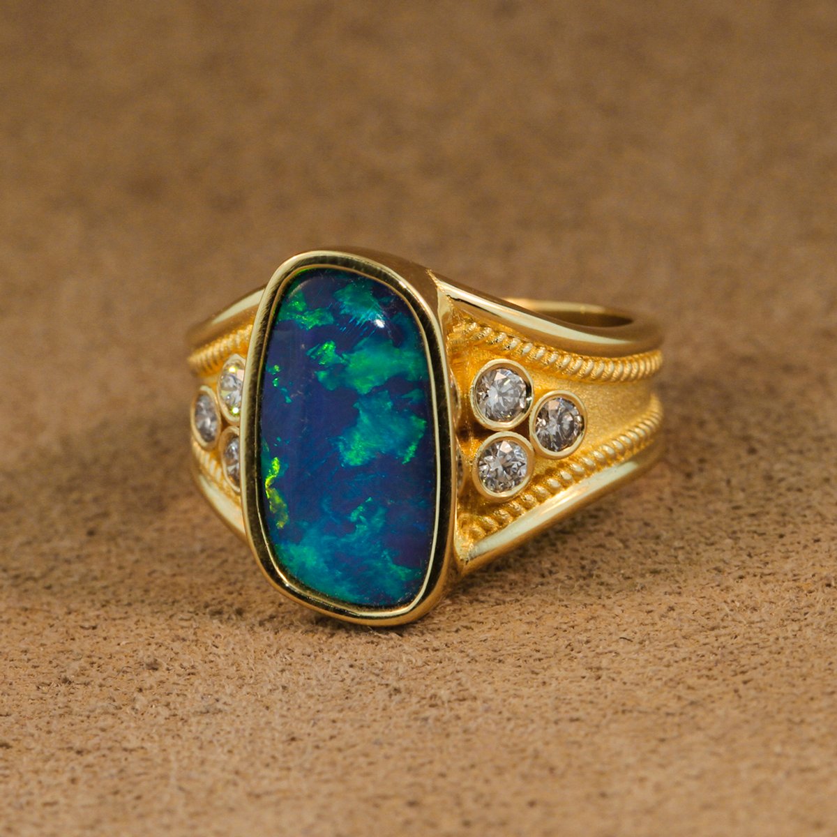 14K Gold, Opal and Diamond Etruscan Style Ring 