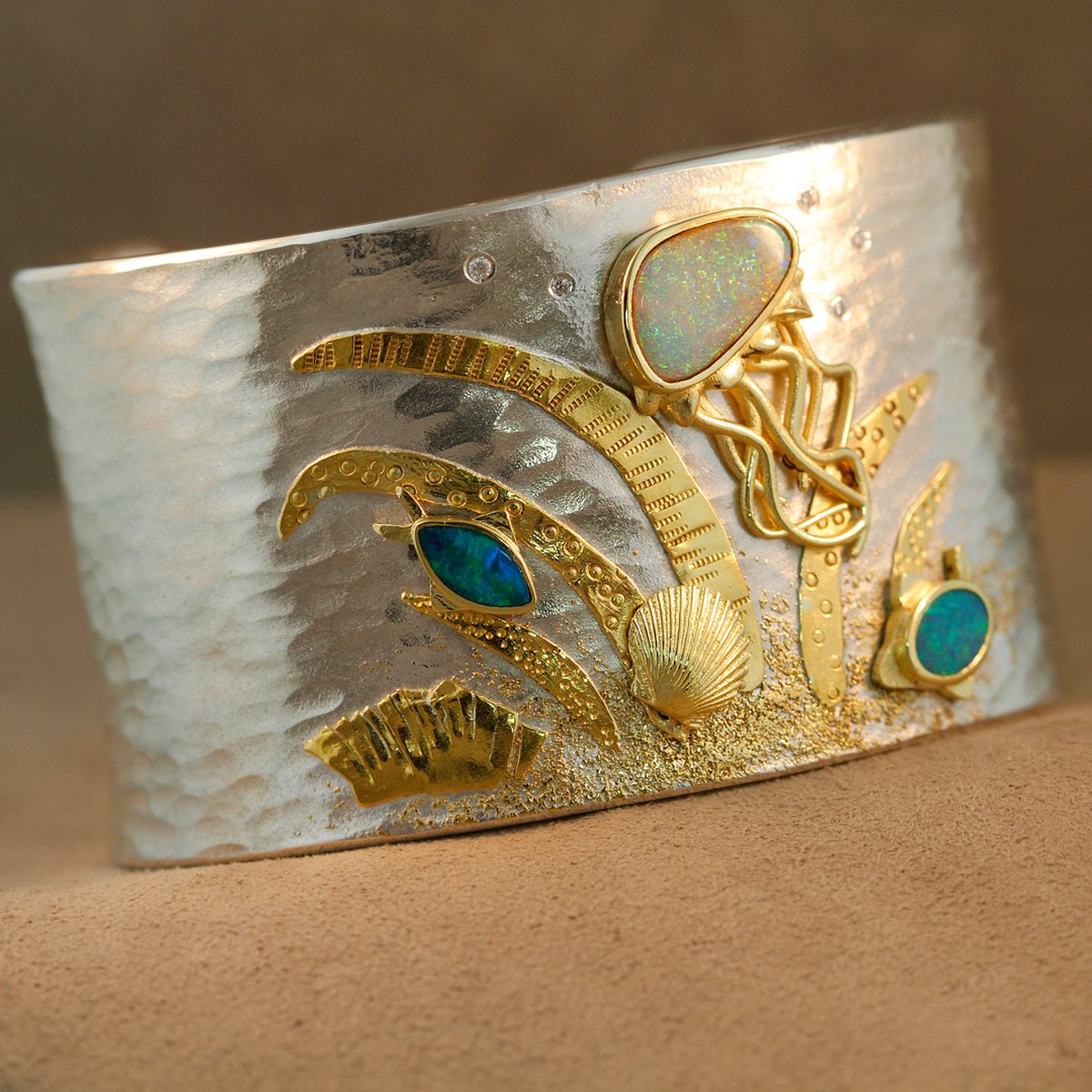 Seascape Cuff Bracelet #14, Argentium Silver, 22k and 18k golds, Opal and Diamond