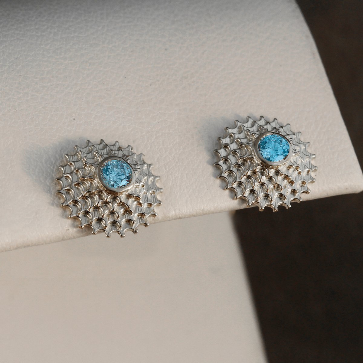 Bicycle Sprocket Blue Topaz and Sterling Silver Earrings