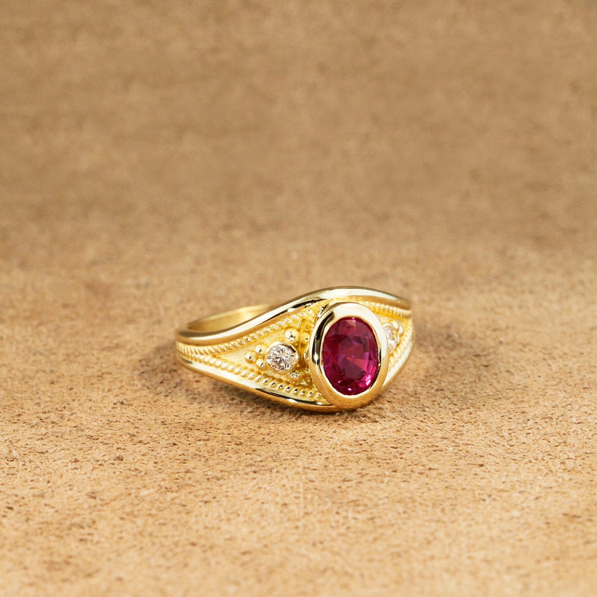 Etruscan Pink Sapphire and Diamond Ring 14k