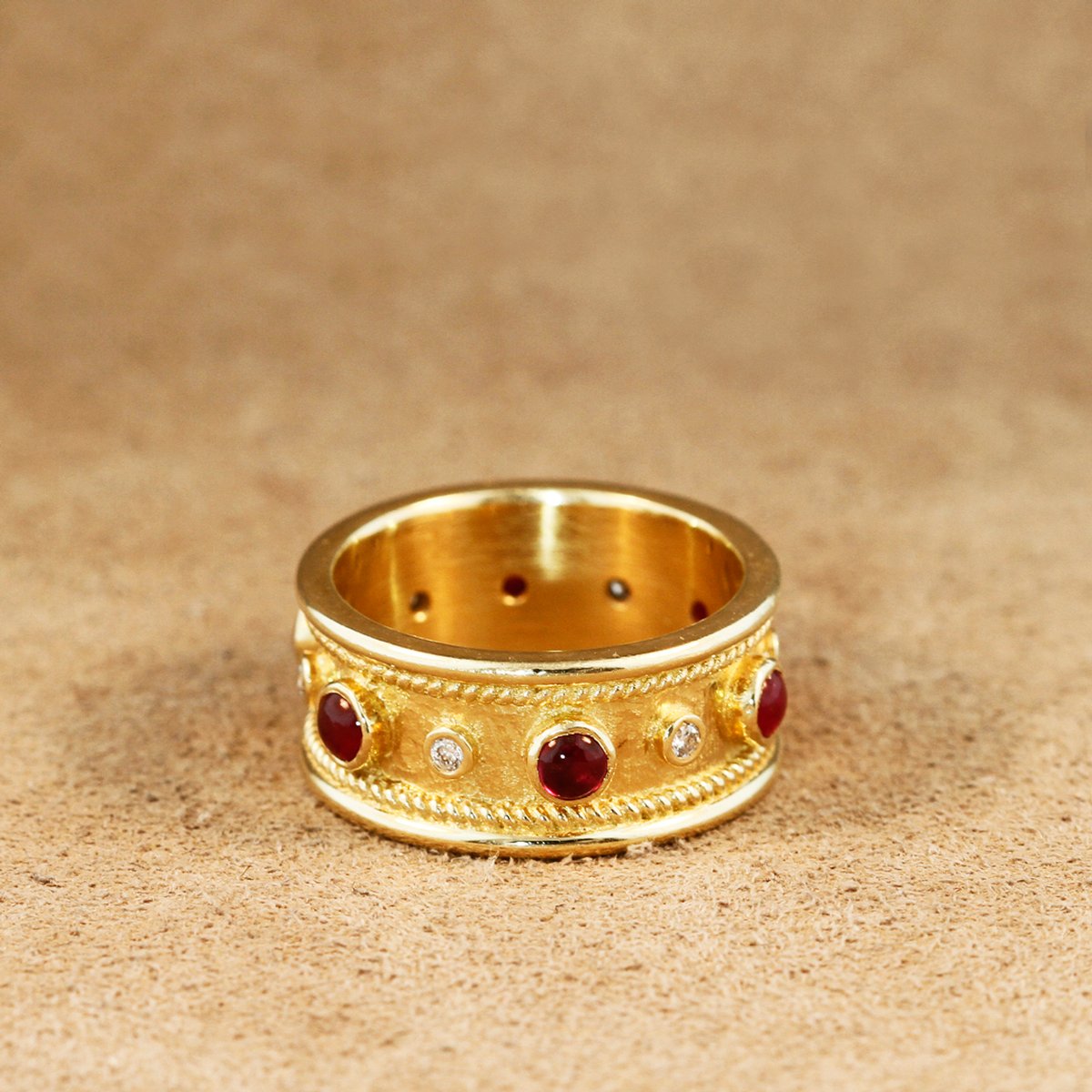 Etruscan wide Eternity Ring with Rubies and Diamonds