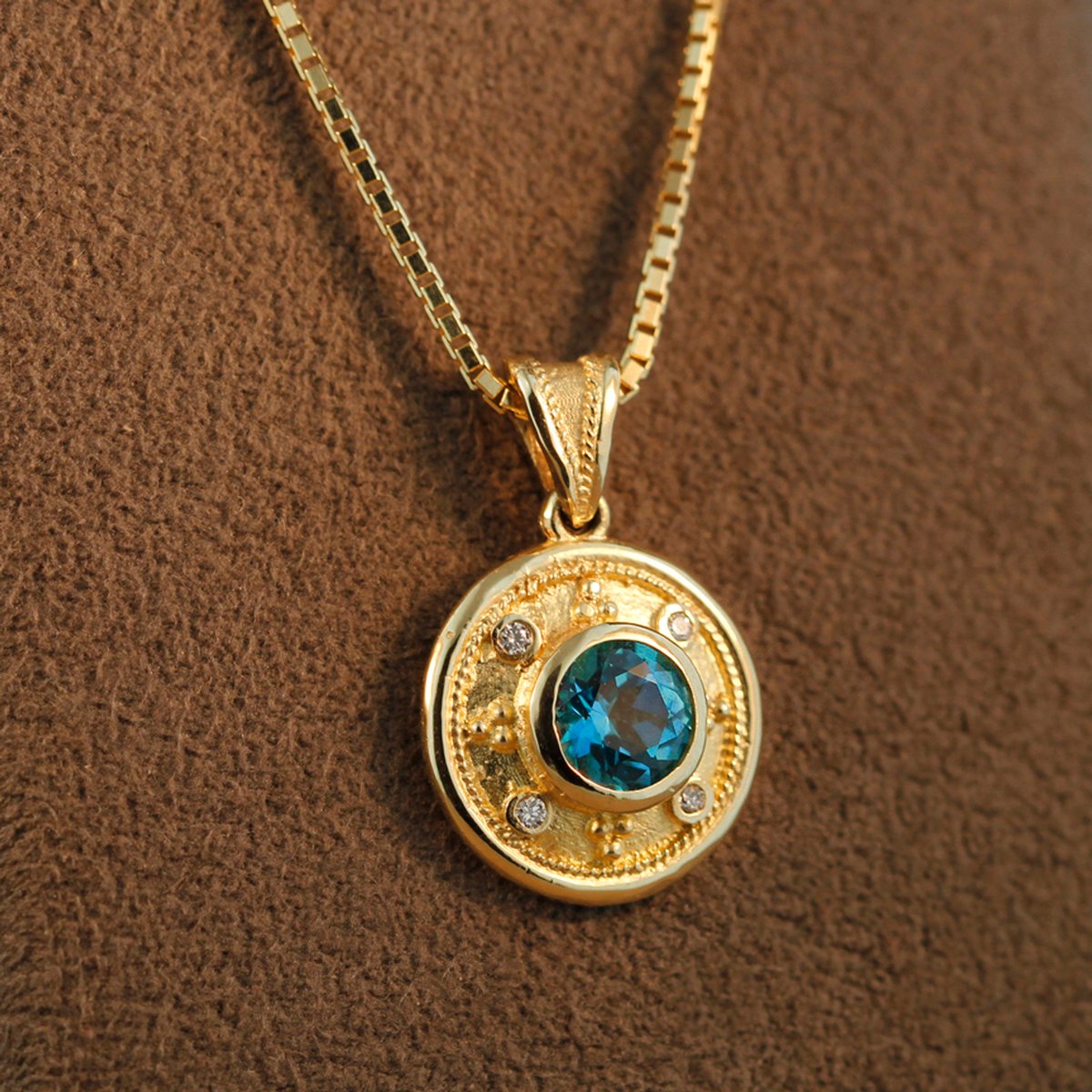 Etruscan Round Pendant with Paraiba Blue Topaz Diamonds and 14K Gold