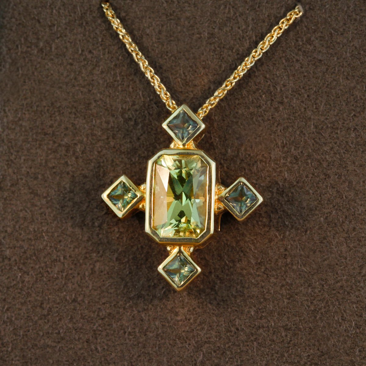 Chrysoberyl and Denim Sapphire Gothic Pendant