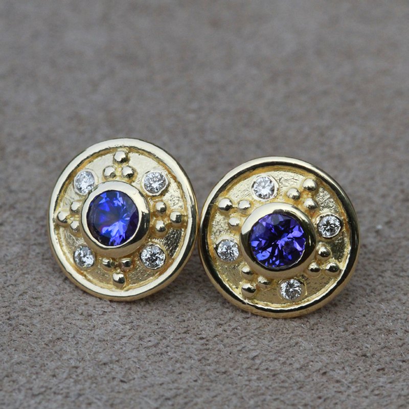 Discus 14K Gold Tanzanite and Diamond Earrings